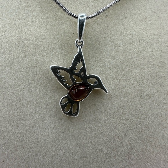 None Jewelry - Silver and Amber Hummingbird Pendant Necklace on Silver Plated Snake Chain